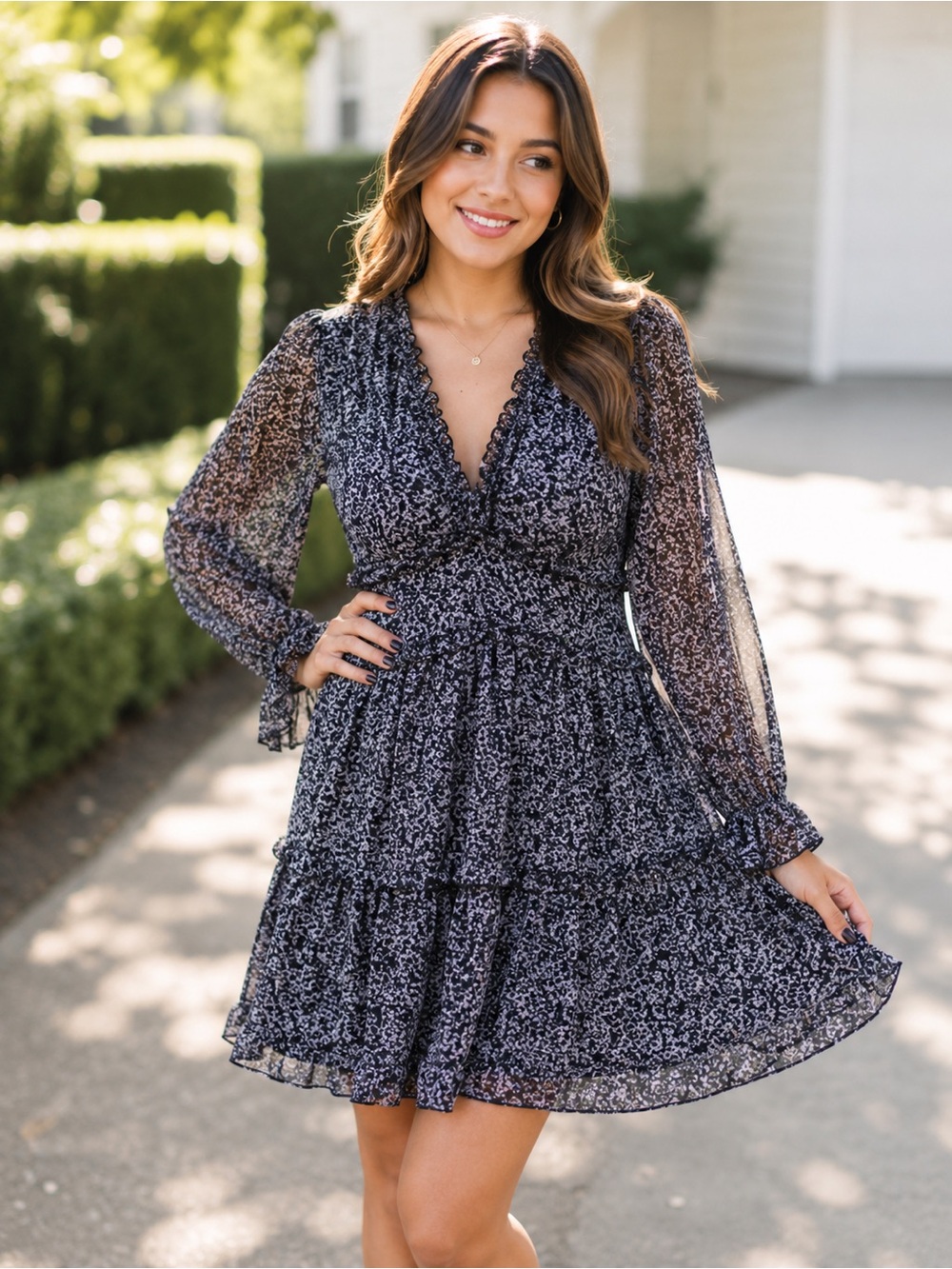 She + Sky Black Floral V-Neck Long Sleeve Tiered Mini Dress